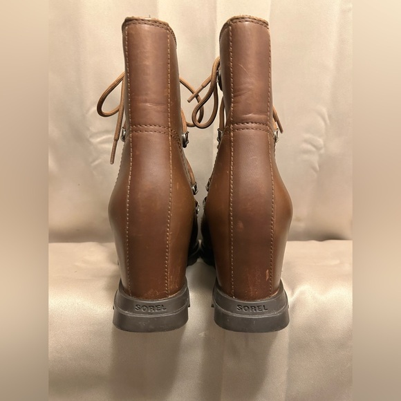 Sorel”Joan of Arctic”Waterproof Lthr. Lace Cognac Wedge Ankle Boots Sz. 8.5 No T